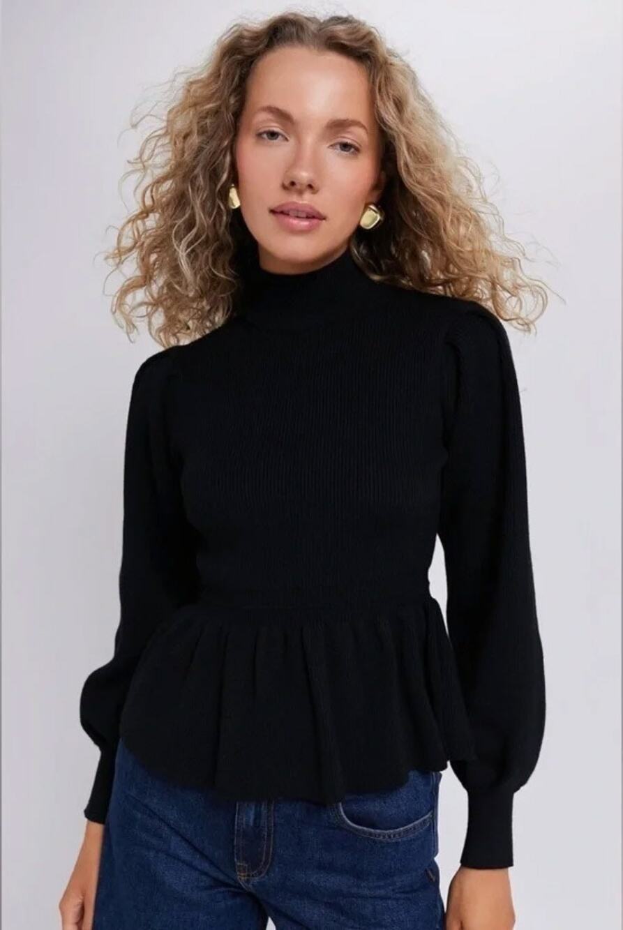 Hyacinth House Tuckernuck Black Peplum Rib Knit Peggy Sweater XS